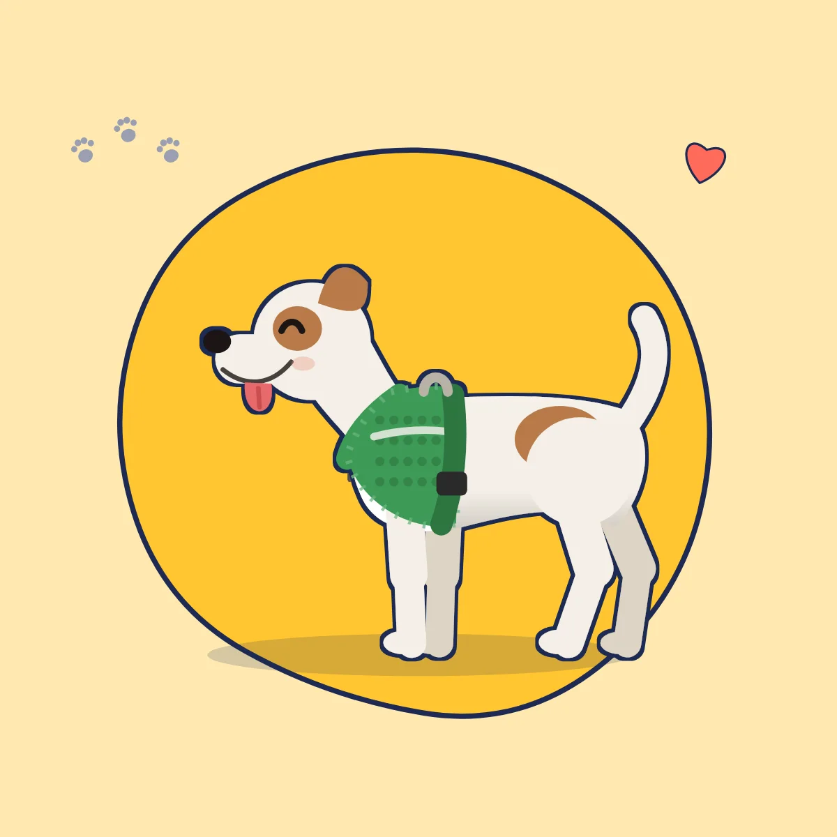 Illustration: kleiner Terrier in einem grünen Westengeschirr aus Mesh