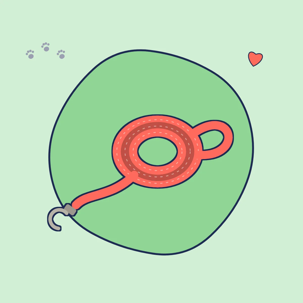 Illustration: aufgerollte, korallenrote Hundeleine mit Karabiner vor grünem Hintergrund